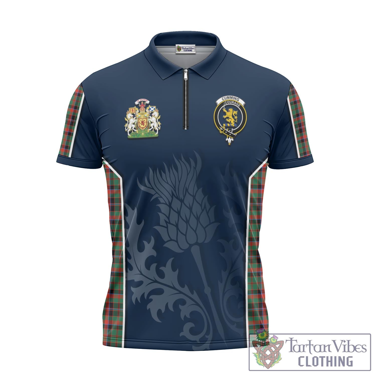 Tartan Vibes Clothing Cumming Hunting Ancient Tartan Zipper Polo Shirt with Family Crest and Scottish Thistle Vibes Sport Style