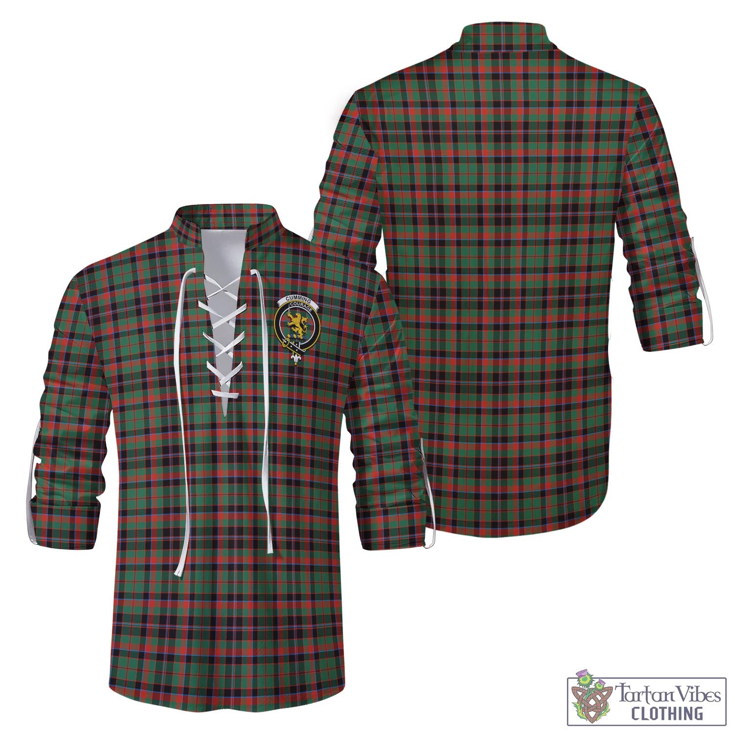 Tartan Vibes Clothing Cumming Hunting Ancient Tartan Men's Scottish Traditional Jacobite Ghillie Kilt Shirt with Family Crest