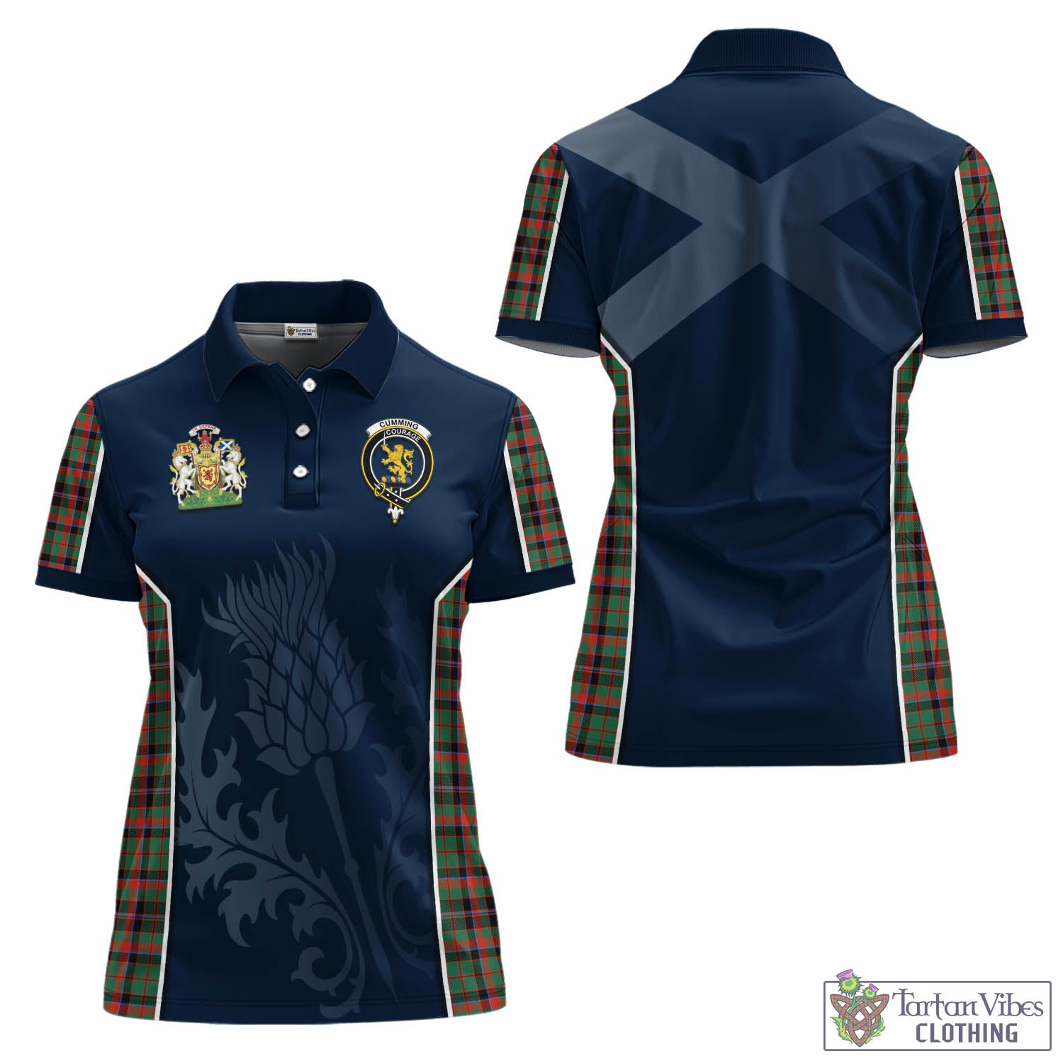 Tartan Vibes Clothing Cumming Hunting Ancient Tartan Women's Polo Shirt with Family Crest and Scottish Thistle Vibes Sport Style