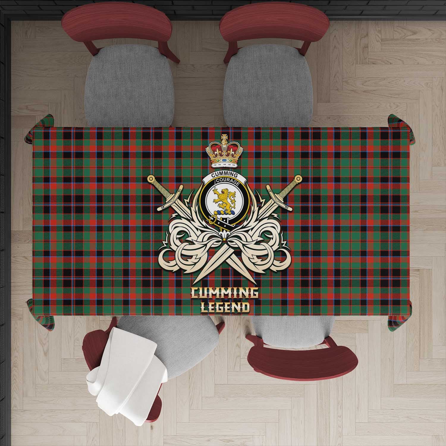 Tartan Vibes Clothing Cumming Hunting Ancient Tartan Tablecloth with Clan Crest and the Golden Sword of Courageous Legacy