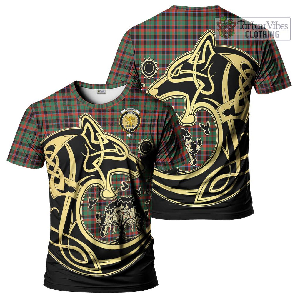 Cumming Hunting Ancient Tartan T-Shirt with Family Crest Celtic Wolf Style Kid's Shirt - Tartan Vibes Clothing