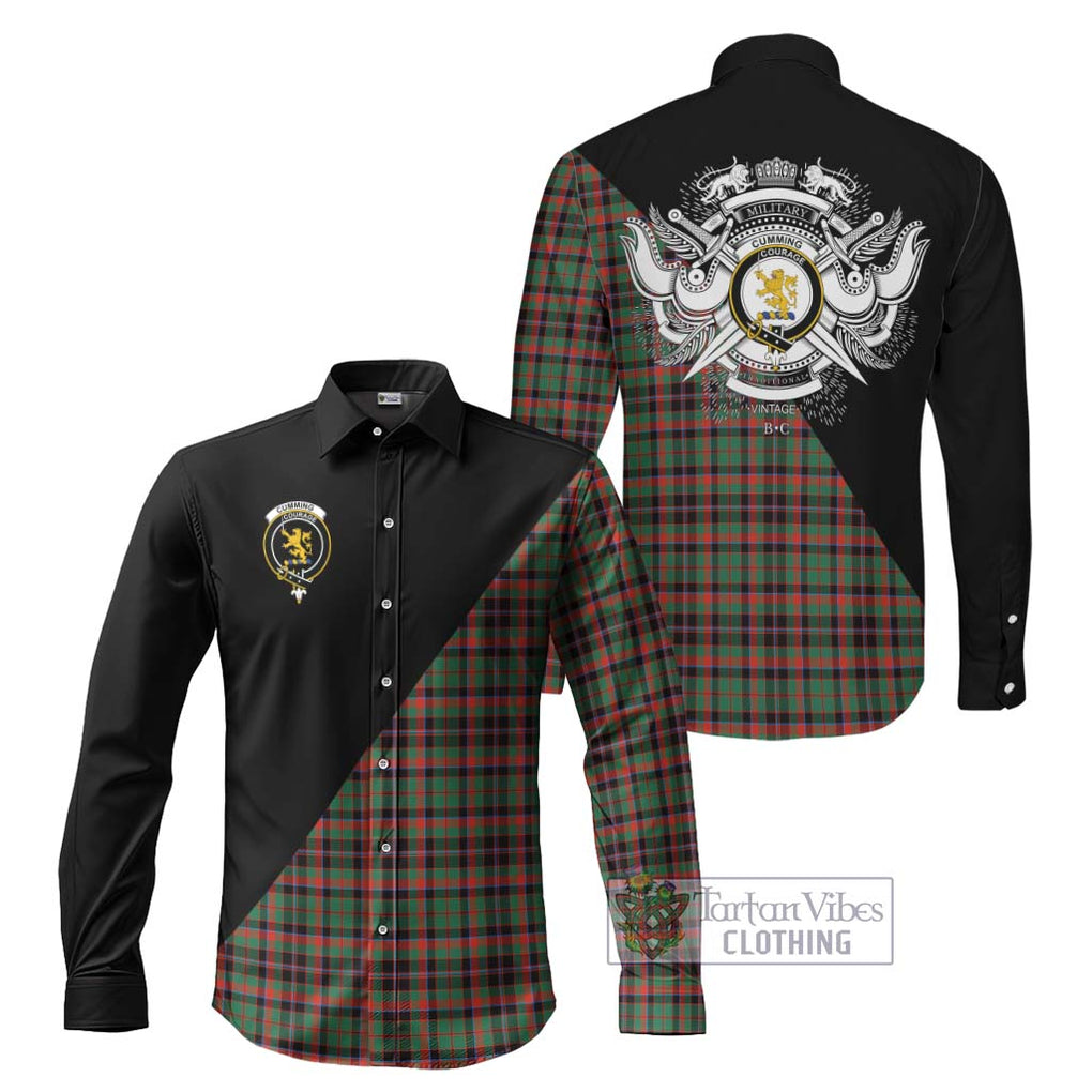 Cumming Hunting Ancient Tartan Long Sleeve Button Shirt with Family Crest and Military Logo Style Men's Shirt S - Tartanvibesclothing Shop