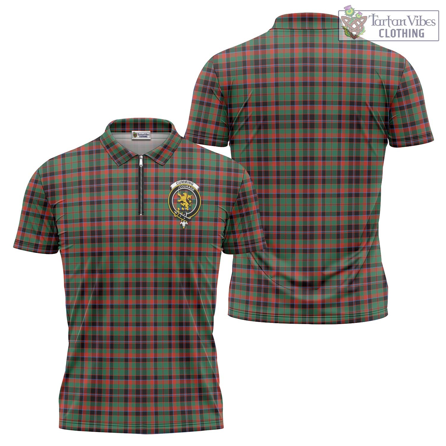 Tartan Vibes Clothing Cumming Hunting Ancient Tartan Zipper Polo Shirt with Family Crest