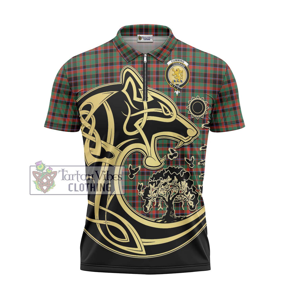 Cumming Hunting Ancient Tartan Zipper Polo Shirt with Family Crest Celtic Wolf Style - Tartanvibesclothing Shop