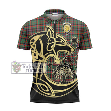 Cumming Hunting Ancient Tartan Zipper Polo Shirt with Family Crest Celtic Wolf Style