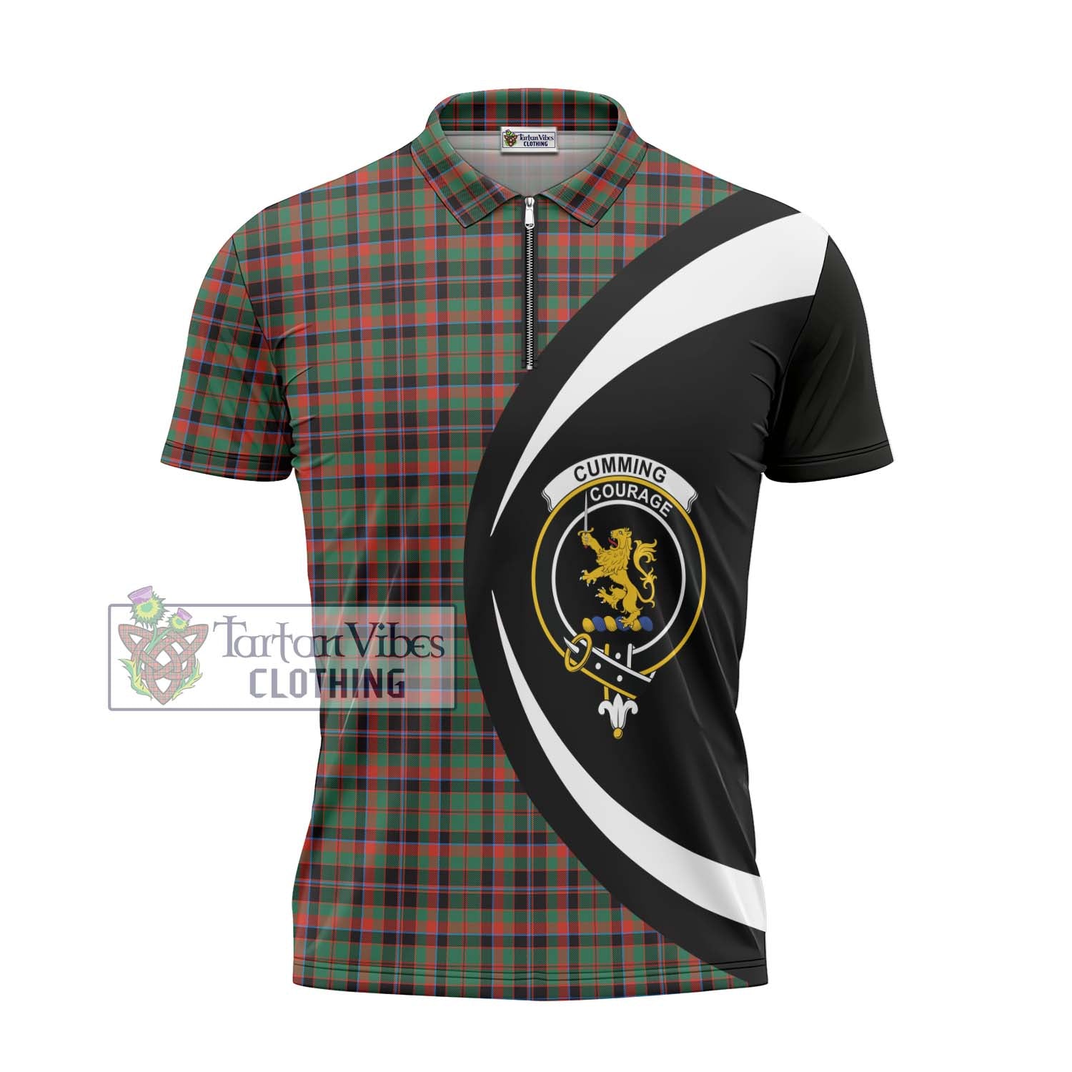 Tartan Vibes Clothing Cumming Hunting Ancient Tartan Zipper Polo Shirt with Family Crest Circle Style