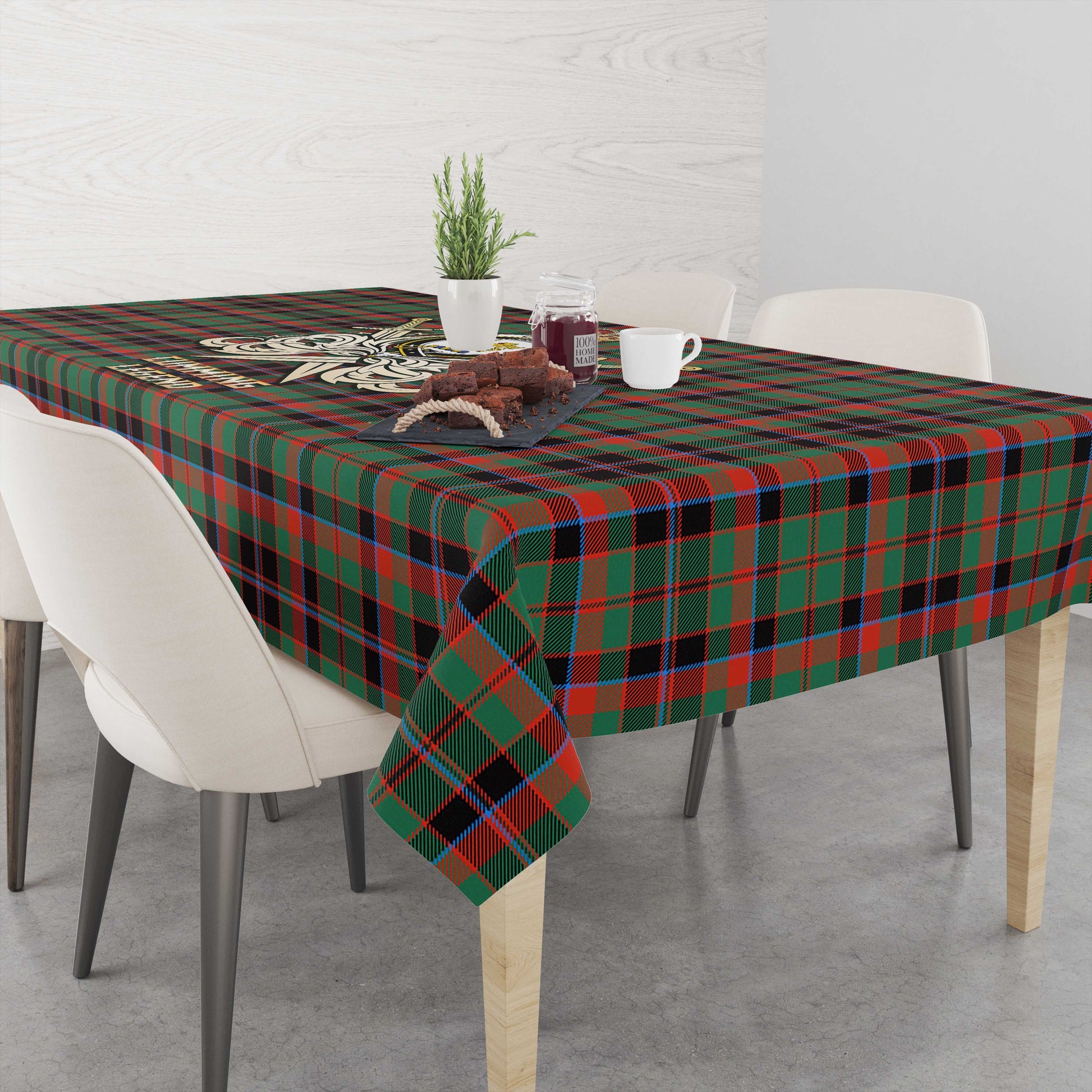 Tartan Vibes Clothing Cumming Hunting Ancient Tartan Tablecloth with Clan Crest and the Golden Sword of Courageous Legacy