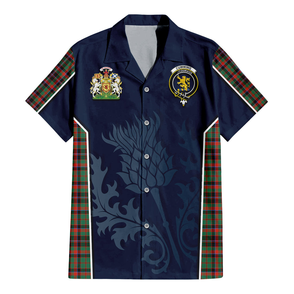 Tartan Vibes Clothing Cumming Hunting Ancient Tartan Short Sleeve Button Up Shirt with Family Crest and Scottish Thistle Vibes Sport Style