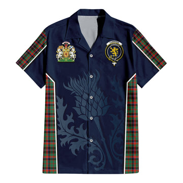 Cumming Hunting Ancient Tartan Short Sleeve Button Up Shirt with Family Crest and Scottish Thistle Vibes Sport Style