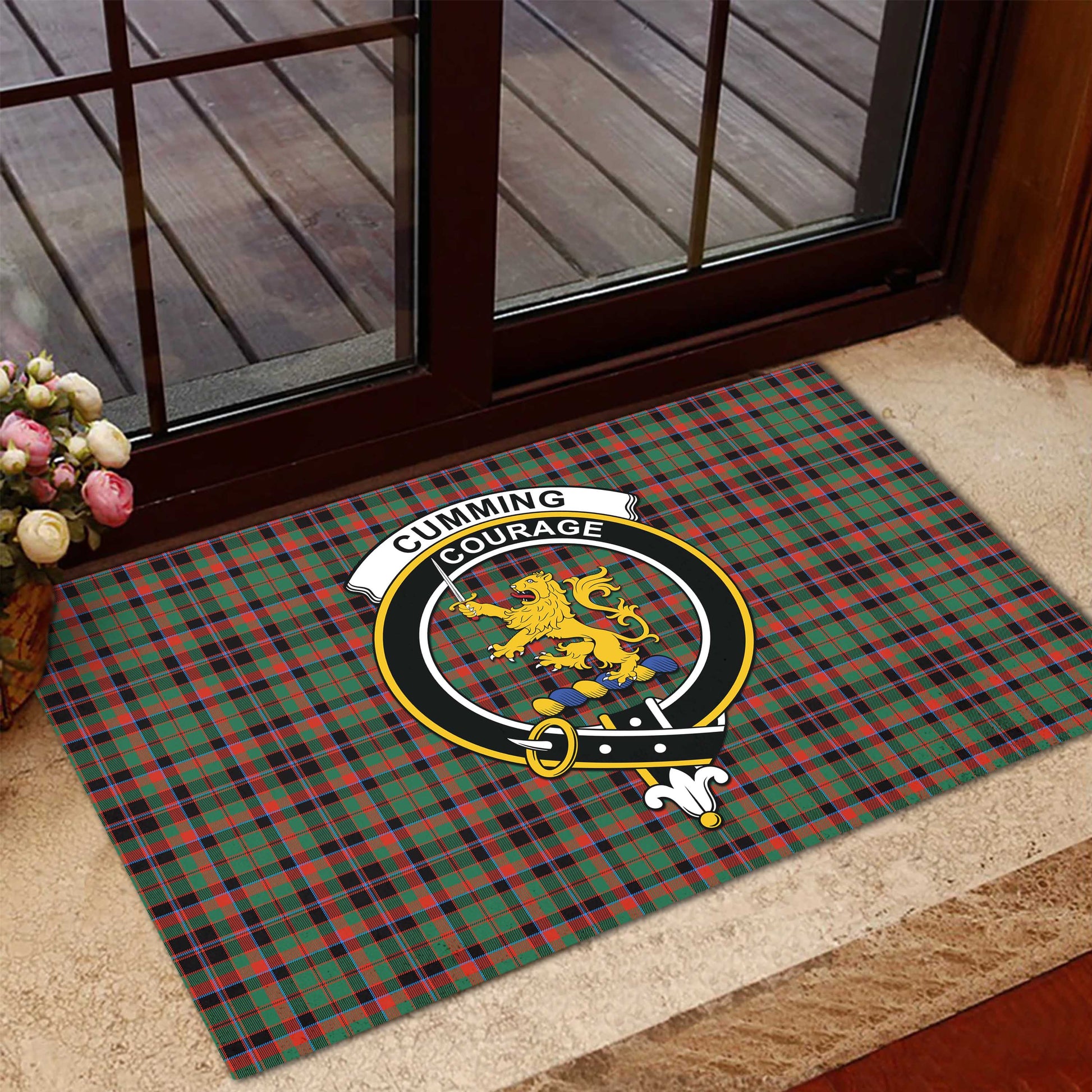 Cumming Hunting Ancient Tartan Door Mat with Family Crest - Tartanvibesclothing