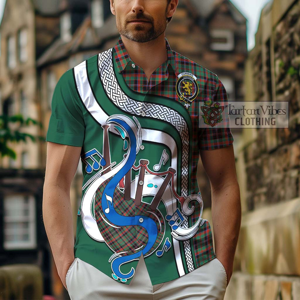 Cumming Hunting Ancient Tartan Short Sleeve Button Shirt with Epic Bagpipe Style - Tartanvibesclothing Shop