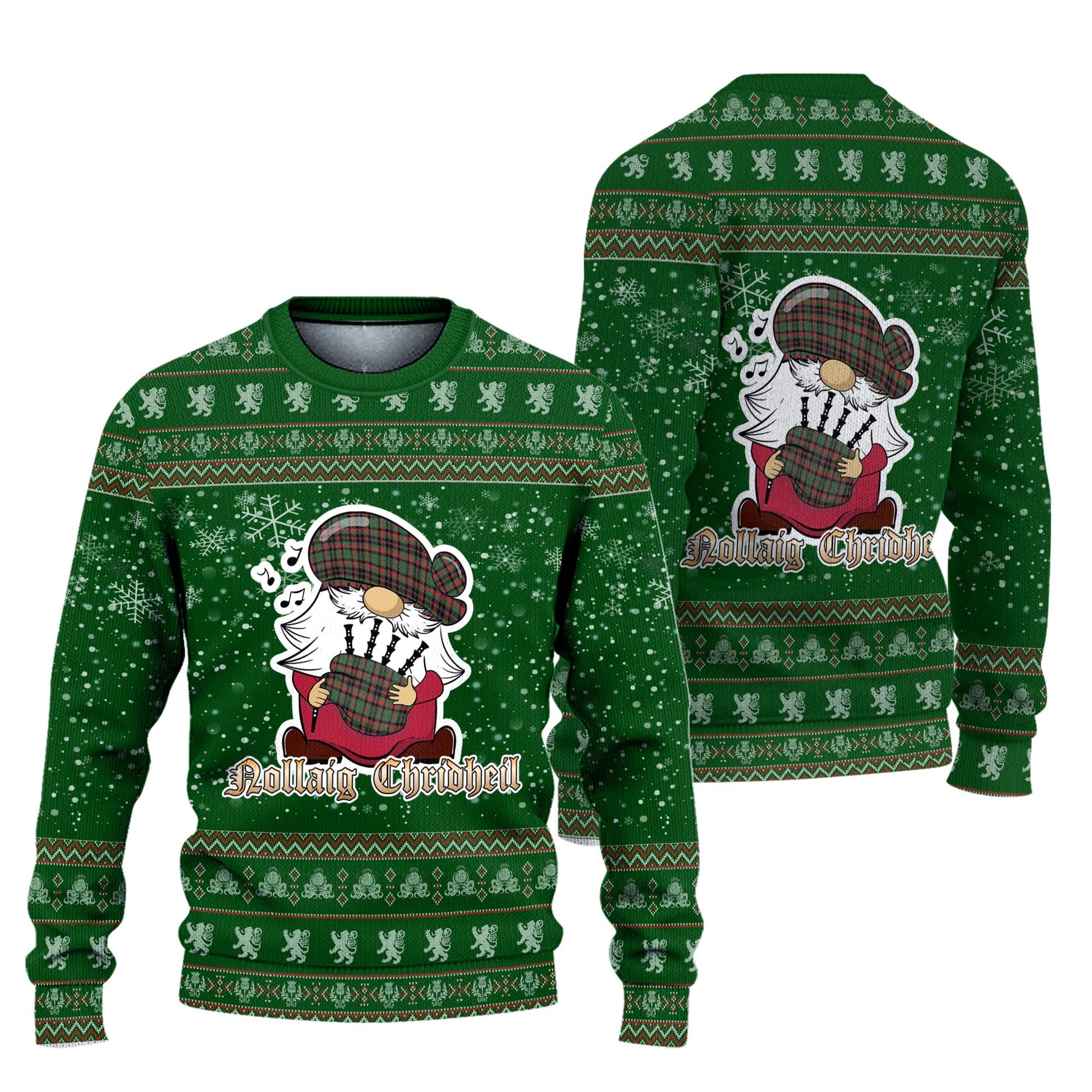 Cumming Hunting Ancient Clan Christmas Family Knitted Sweater with Funny Gnome Playing Bagpipes Unisex Green - Tartanvibesclothing