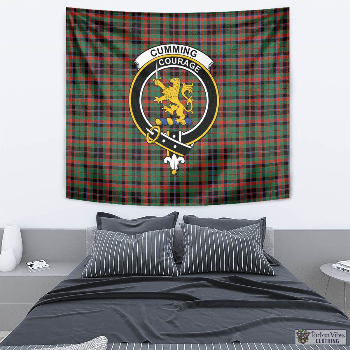 Tartan Vibes Clothing Cumming Hunting Ancient Tartan Tapestry Wall Hanging and Home Decor for Room with Family Crest