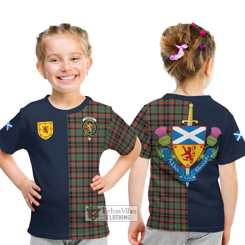 Tartan Vibes Clothing Cumming Hunting Ancient Tartan Kid T-Shirt with Scottish Lion Royal Arm Half Style