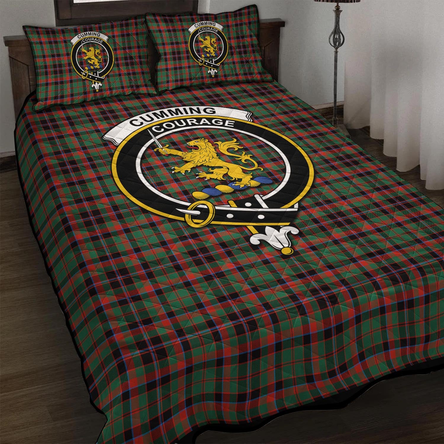 Cumming Hunting Ancient Tartan Quilt Bed Set with Family Crest - Tartan Vibes Clothing