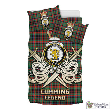 Cumming Hunting Ancient Tartan Bedding Set with Clan Crest and the Golden Sword of Courageous Legacy