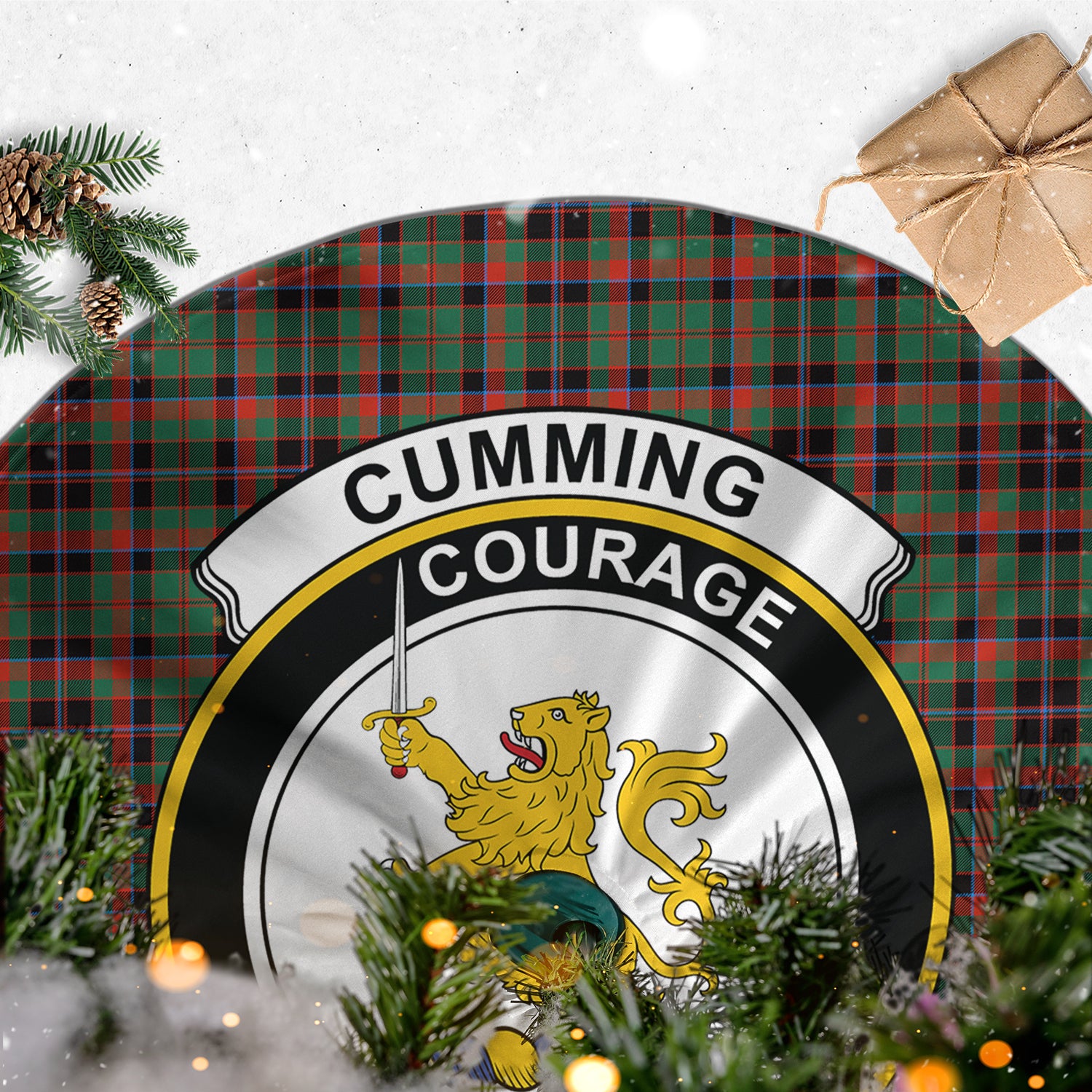 Cumming Hunting Ancient Tartan Christmas Tree Skirt with Family Crest - Tartanvibesclothing