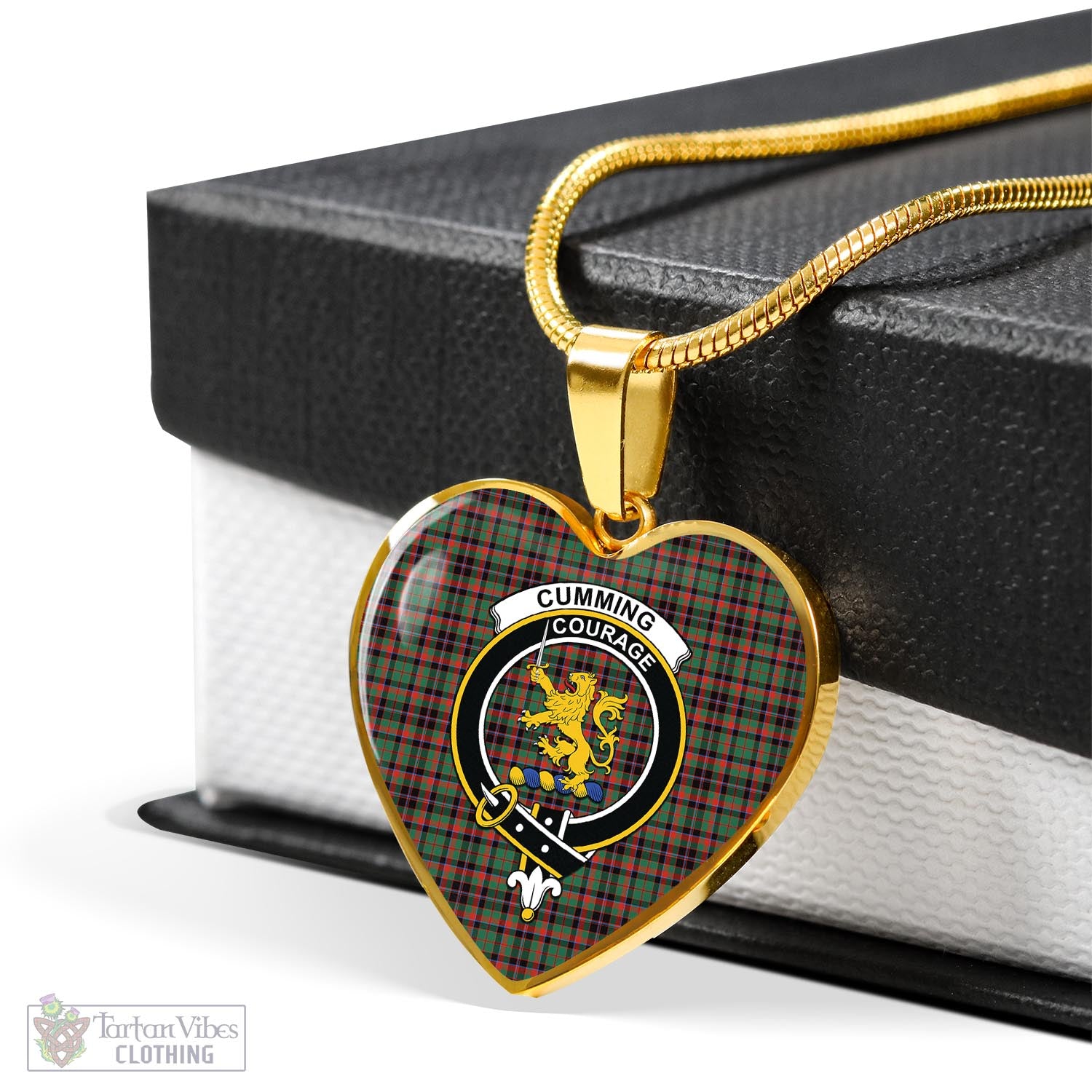 Tartan Vibes Clothing Cumming Hunting Ancient Tartan Heart Necklace with Family Crest