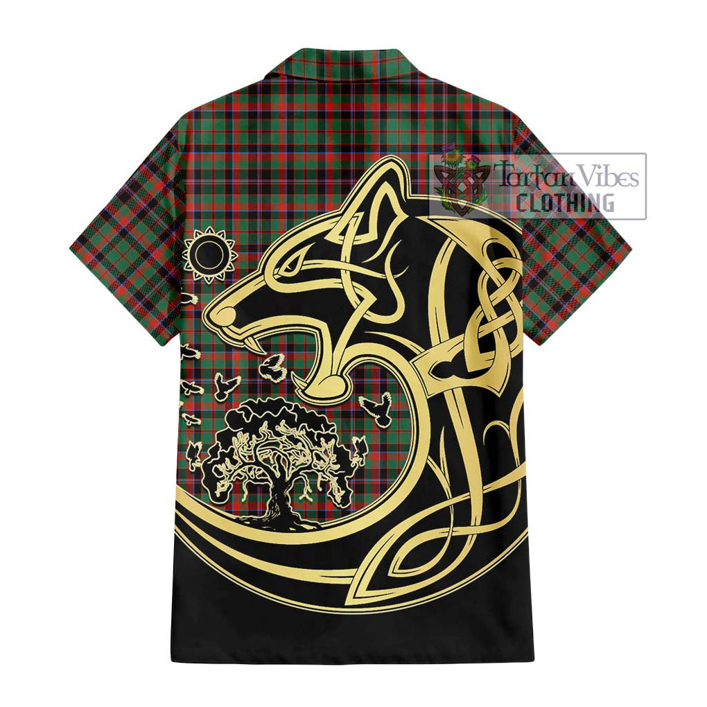 Cumming Hunting Ancient Tartan Short Sleeve Button Shirt with Family Crest Celtic Wolf Style - Tartan Vibes Clothing