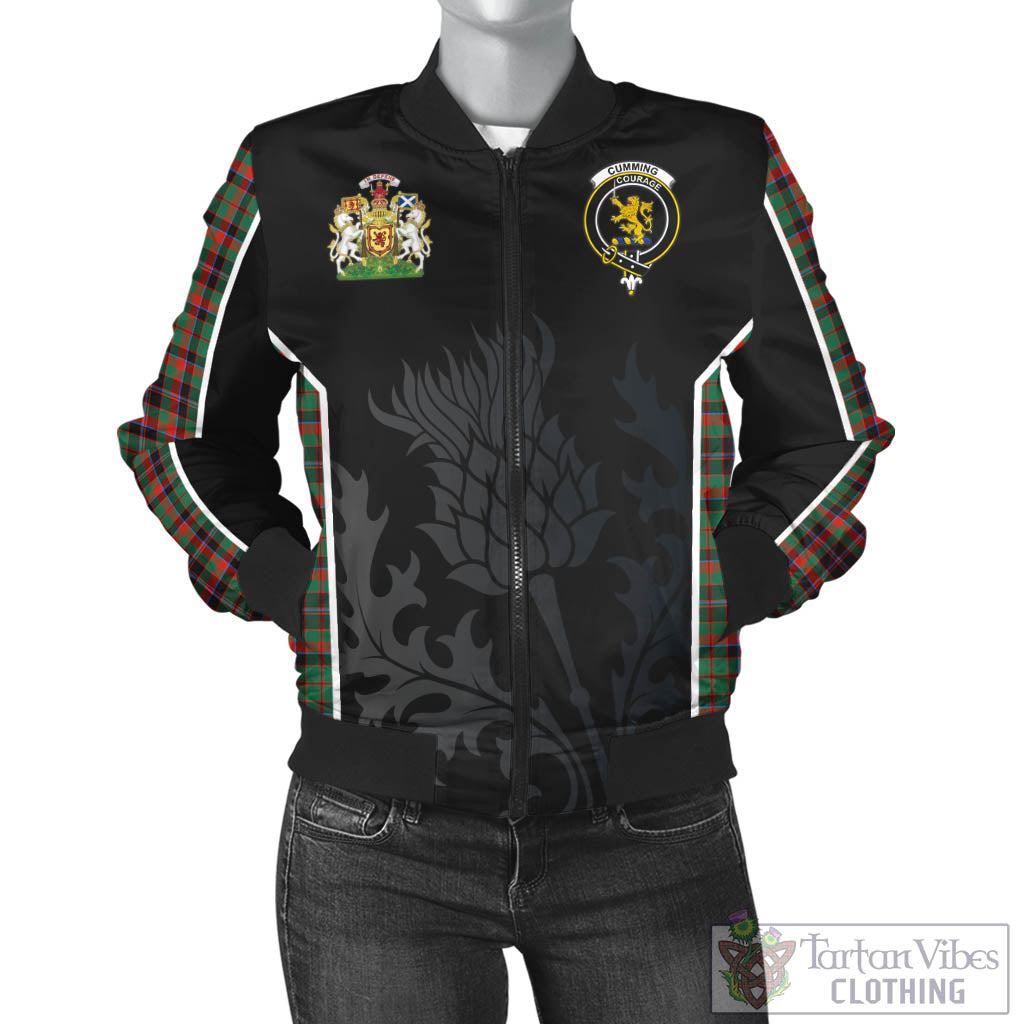 Tartan Vibes Clothing Cumming Hunting Ancient Tartan Bomber Jacket with Family Crest and Scottish Thistle Vibes Sport Style