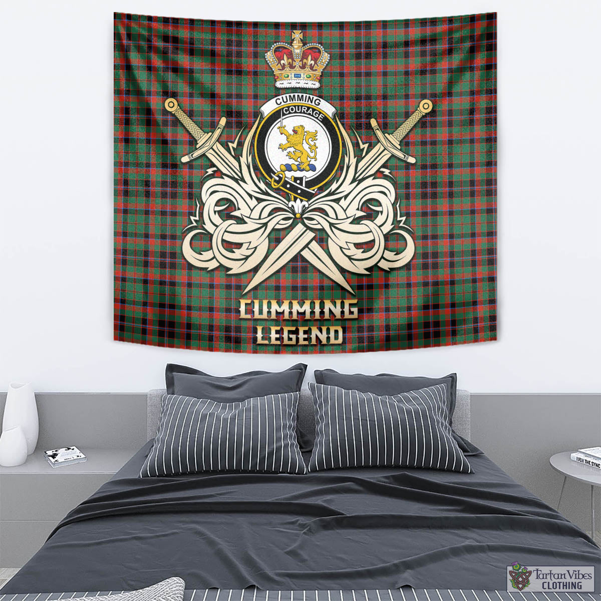 Tartan Vibes Clothing Cumming Hunting Ancient Tartan Tapestry with Clan Crest and the Golden Sword of Courageous Legacy