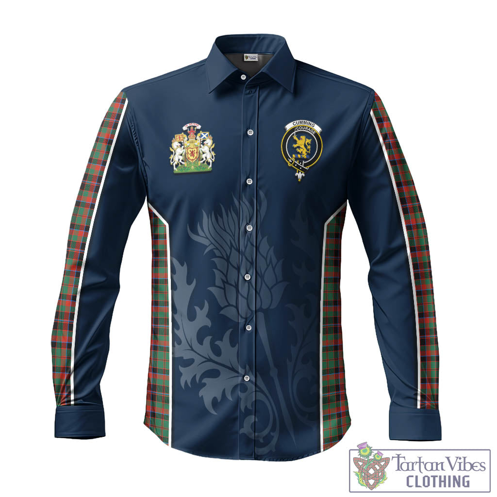 Tartan Vibes Clothing Cumming Hunting Ancient Tartan Long Sleeve Button Up Shirt with Family Crest and Scottish Thistle Vibes Sport Style