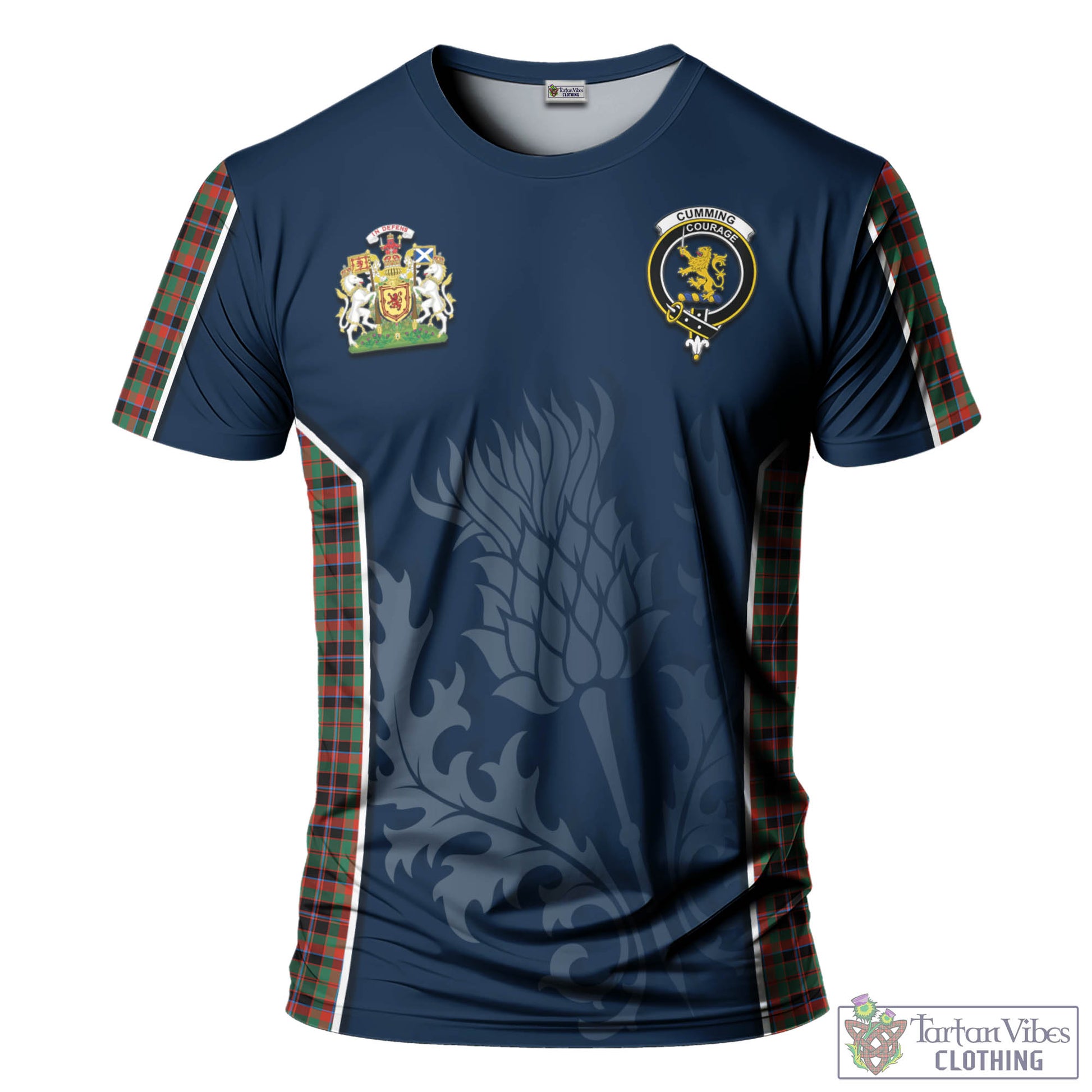 Tartan Vibes Clothing Cumming Hunting Ancient Tartan T-Shirt with Family Crest and Scottish Thistle Vibes Sport Style