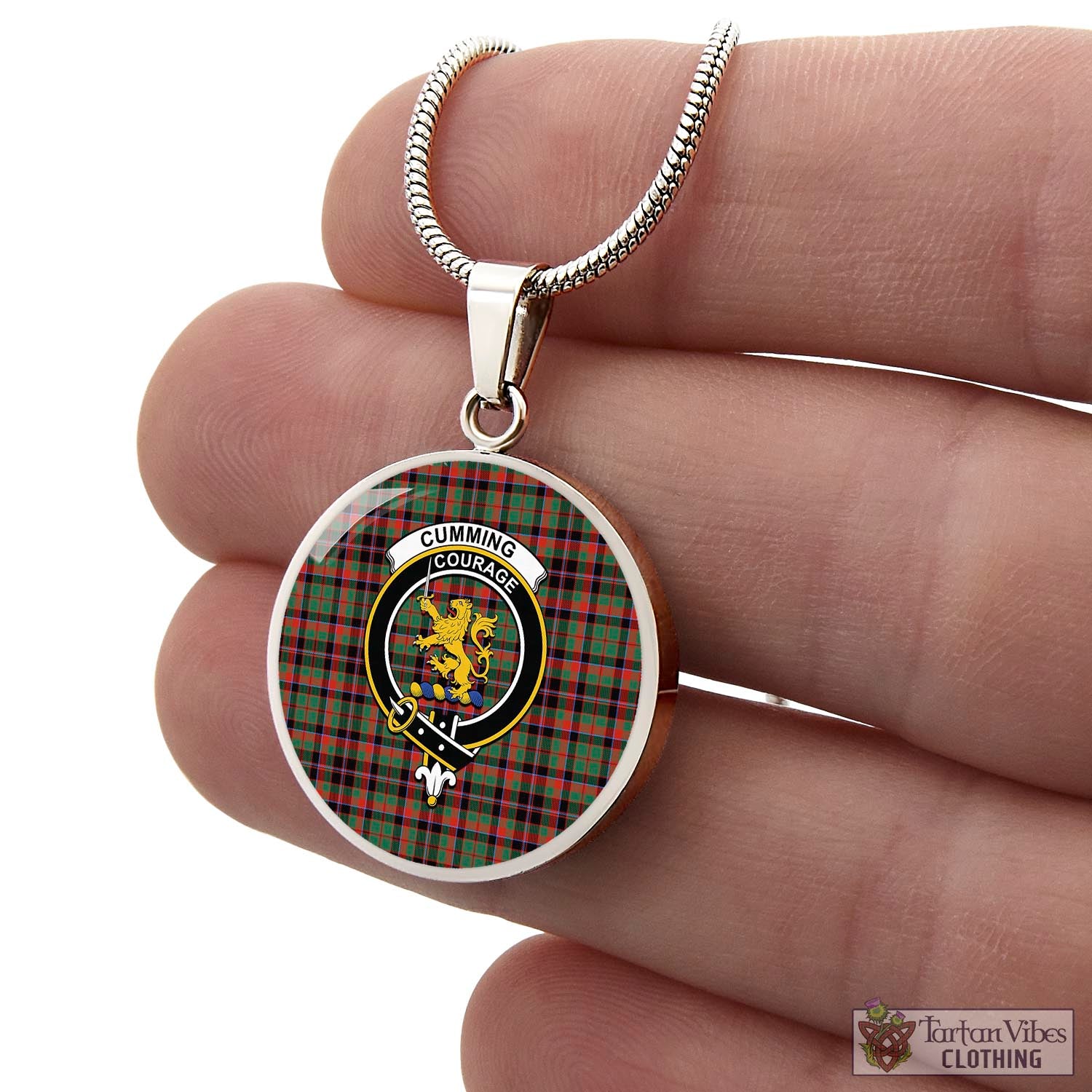 Tartan Vibes Clothing Cumming Hunting Ancient Tartan Circle Necklace with Family Crest