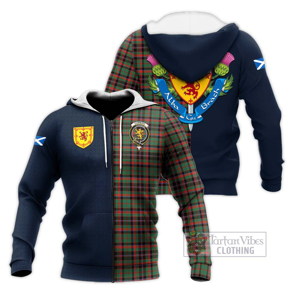 Tartan Vibes Clothing Cumming Hunting Ancient Tartan Knitted Hoodie with Scottish Lion Royal Arm Half Style