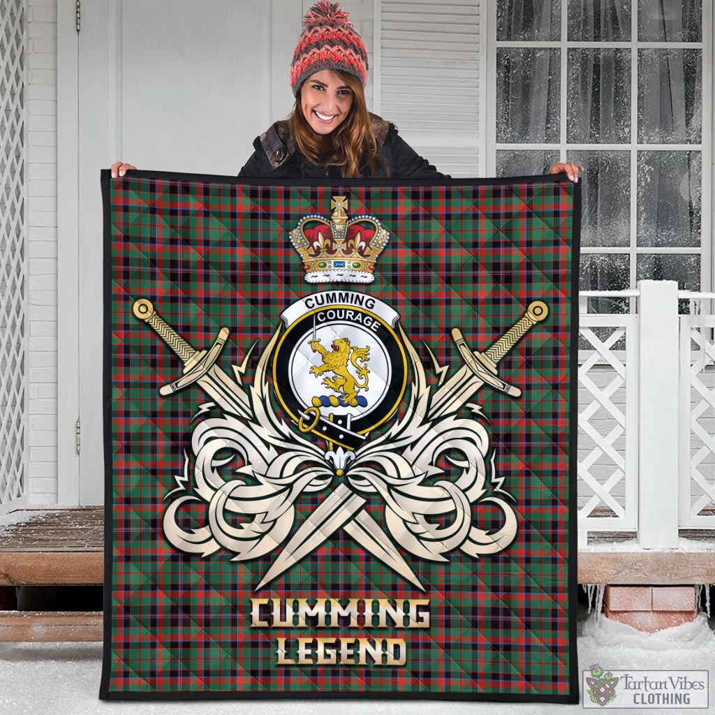 Tartan Vibes Clothing Cumming Hunting Ancient Tartan Quilt with Clan Crest and the Golden Sword of Courageous Legacy