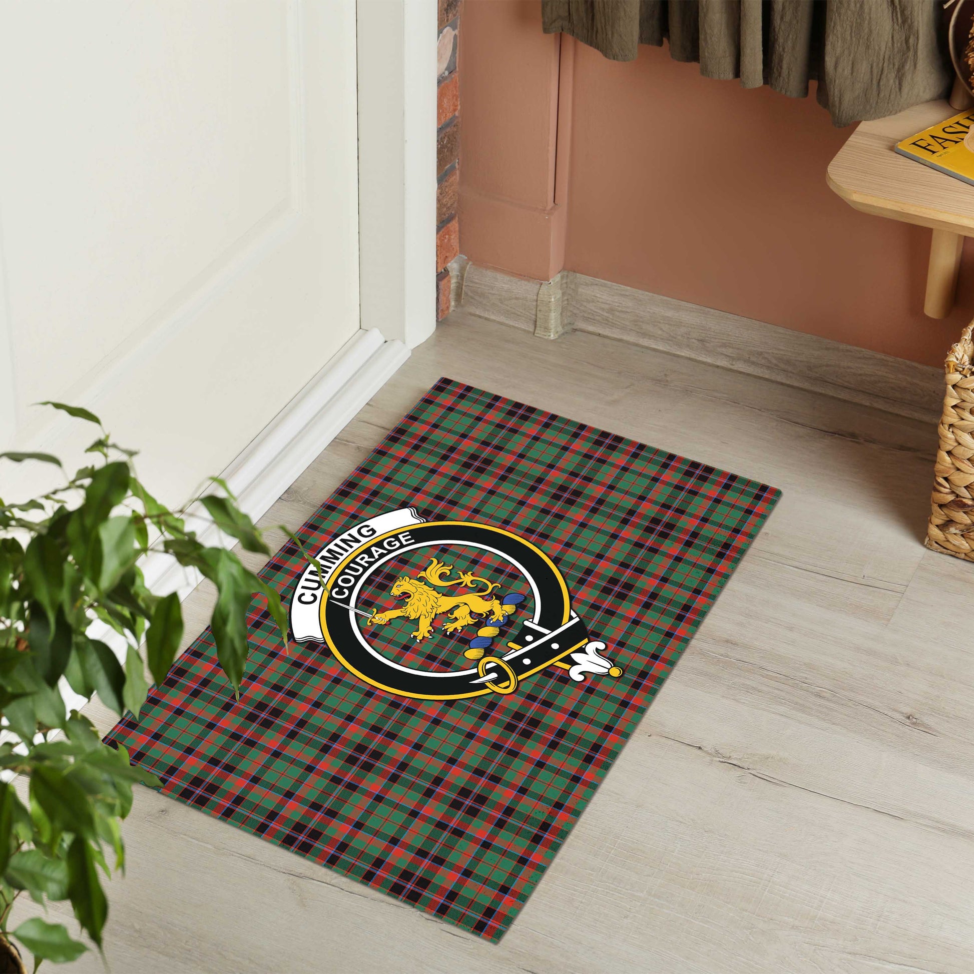 Cumming Hunting Ancient Tartan Door Mat with Family Crest - Tartanvibesclothing