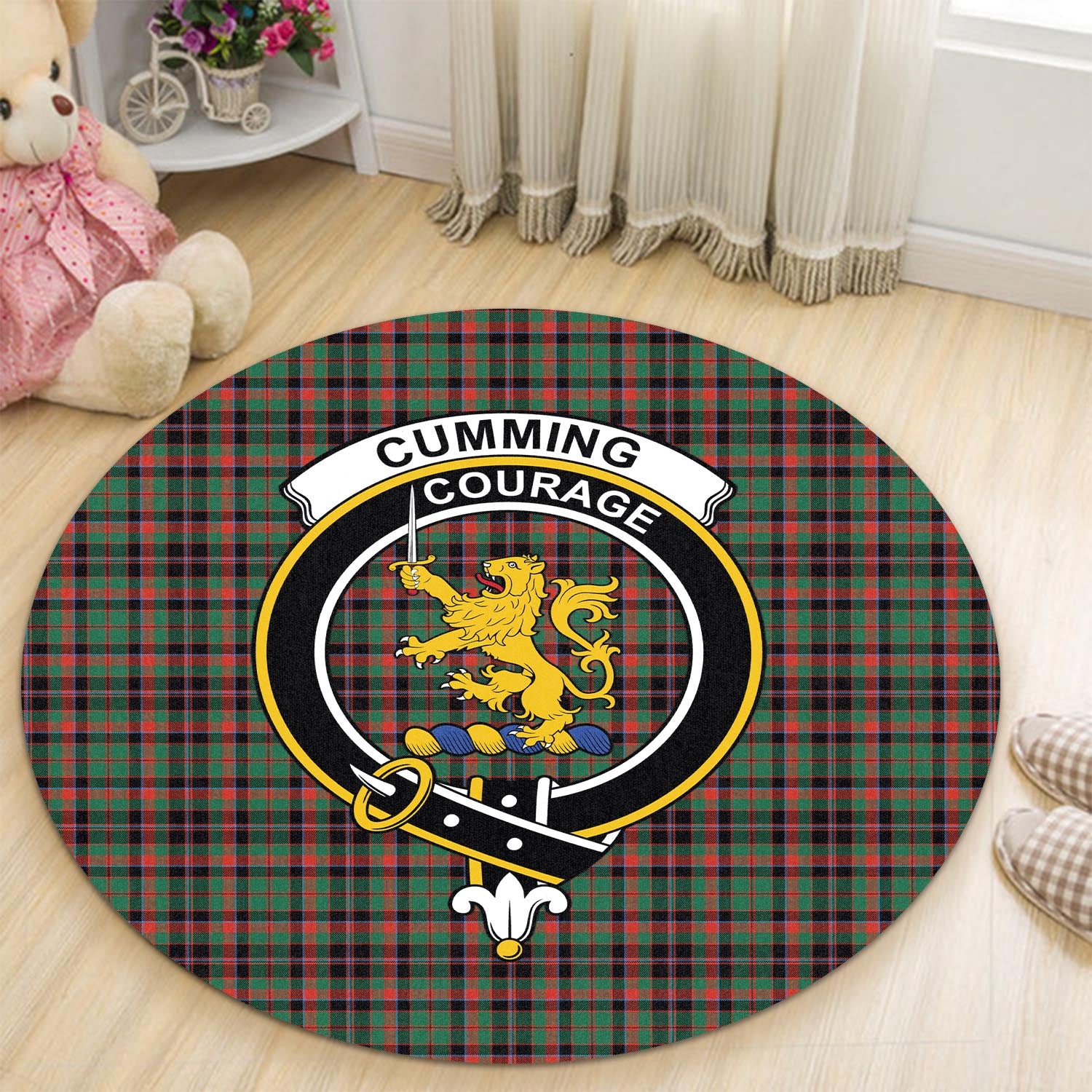 Cumming Hunting Ancient Tartan Round Rug with Family Crest - Tartanvibesclothing