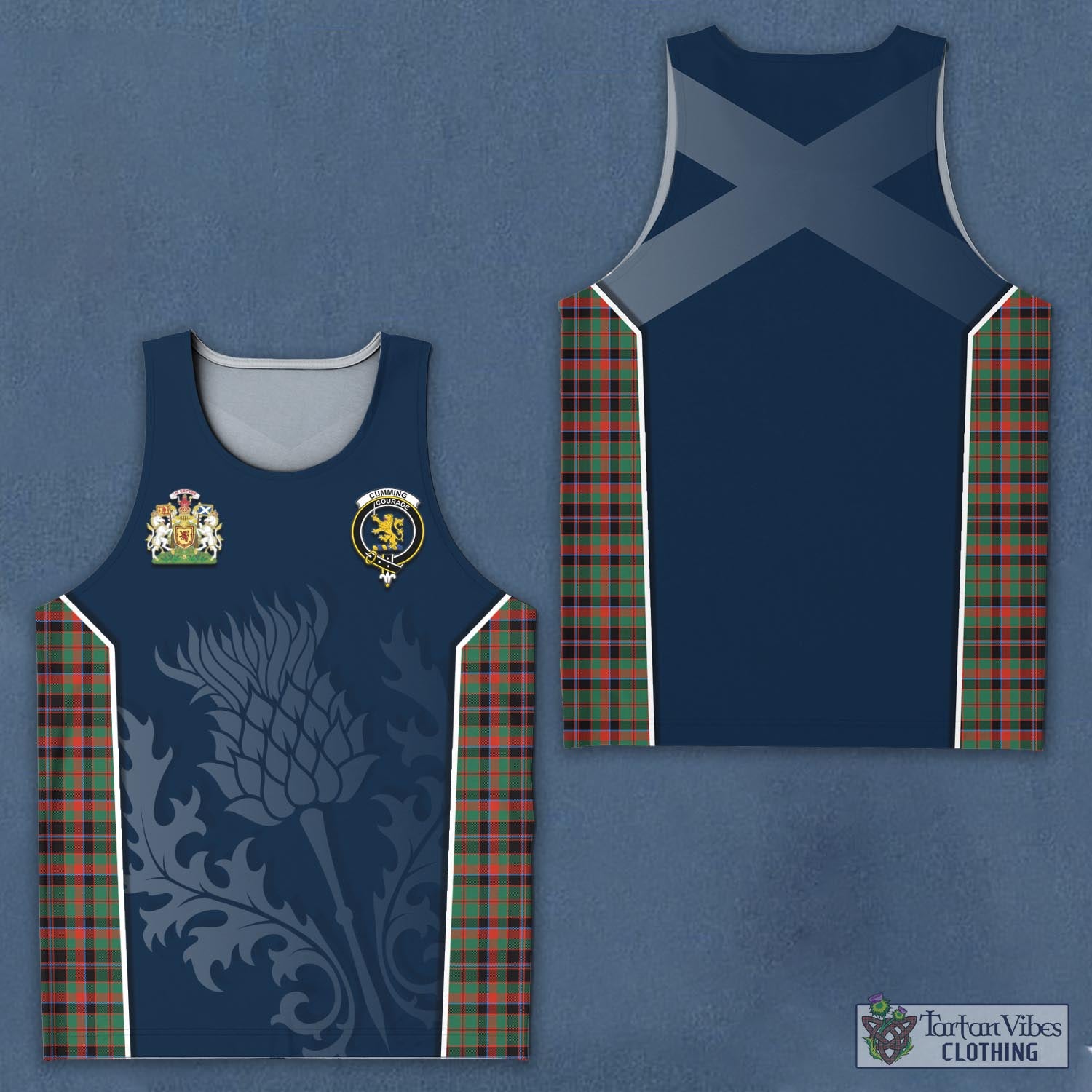 Tartan Vibes Clothing Cumming Hunting Ancient Tartan Men's Tanks Top with Family Crest and Scottish Thistle Vibes Sport Style