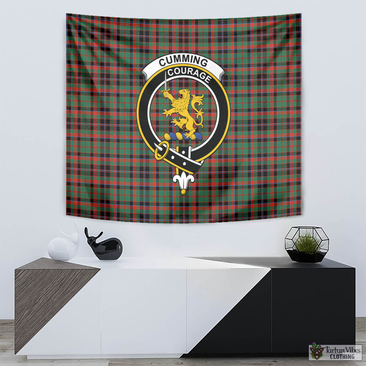 Tartan Vibes Clothing Cumming Hunting Ancient Tartan Tapestry Wall Hanging and Home Decor for Room with Family Crest