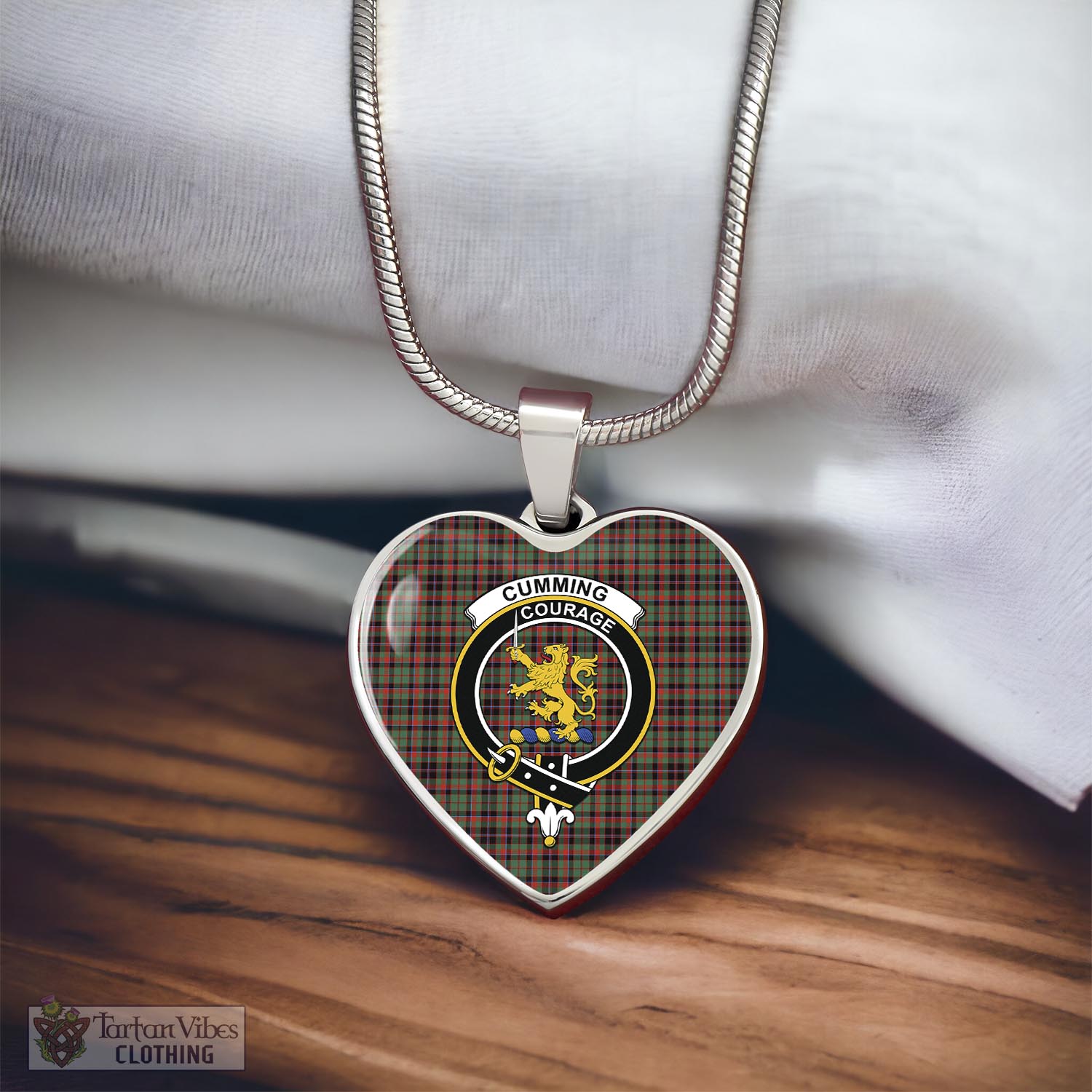 Tartan Vibes Clothing Cumming Hunting Ancient Tartan Heart Necklace with Family Crest