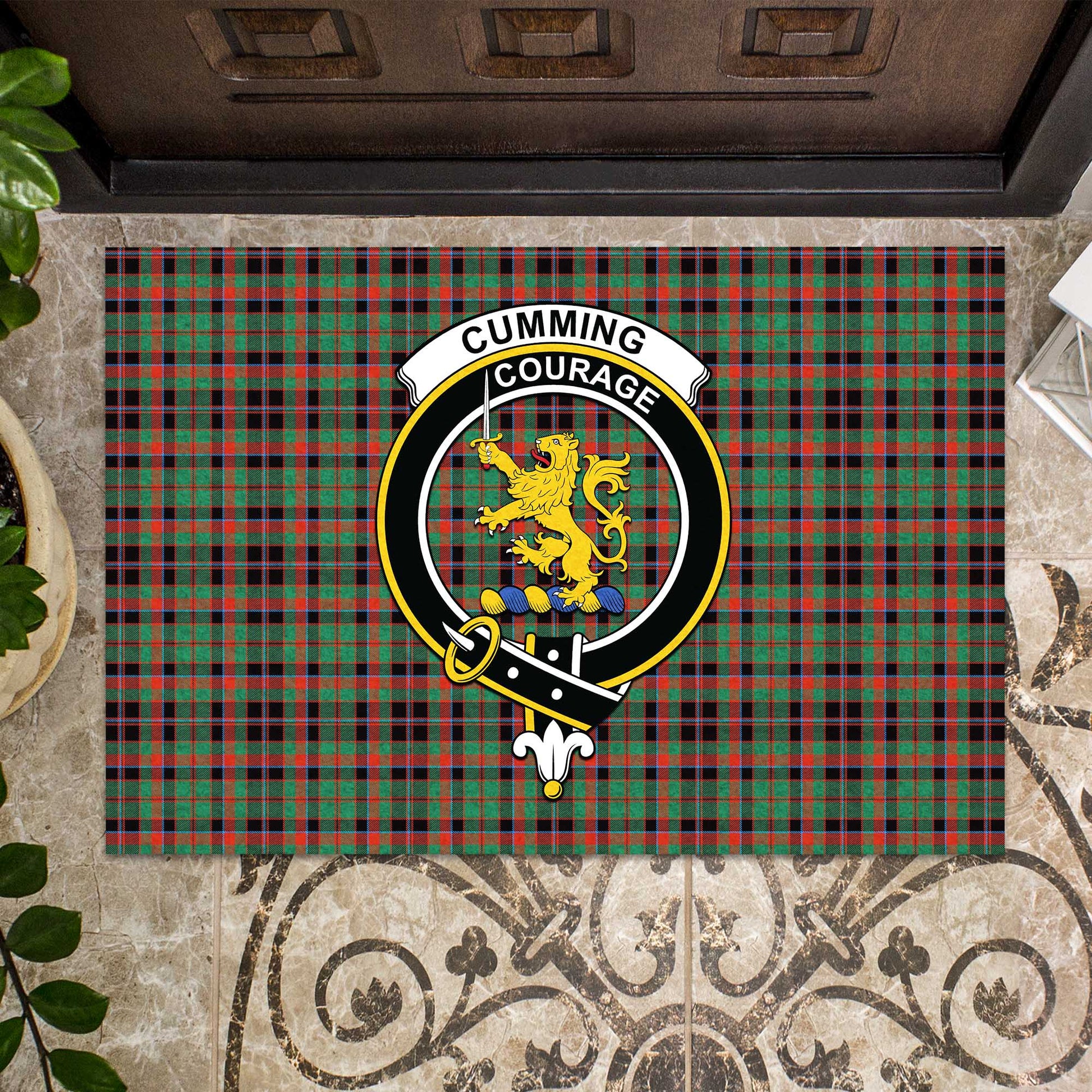 Cumming Hunting Ancient Tartan Door Mat with Family Crest - Tartanvibesclothing