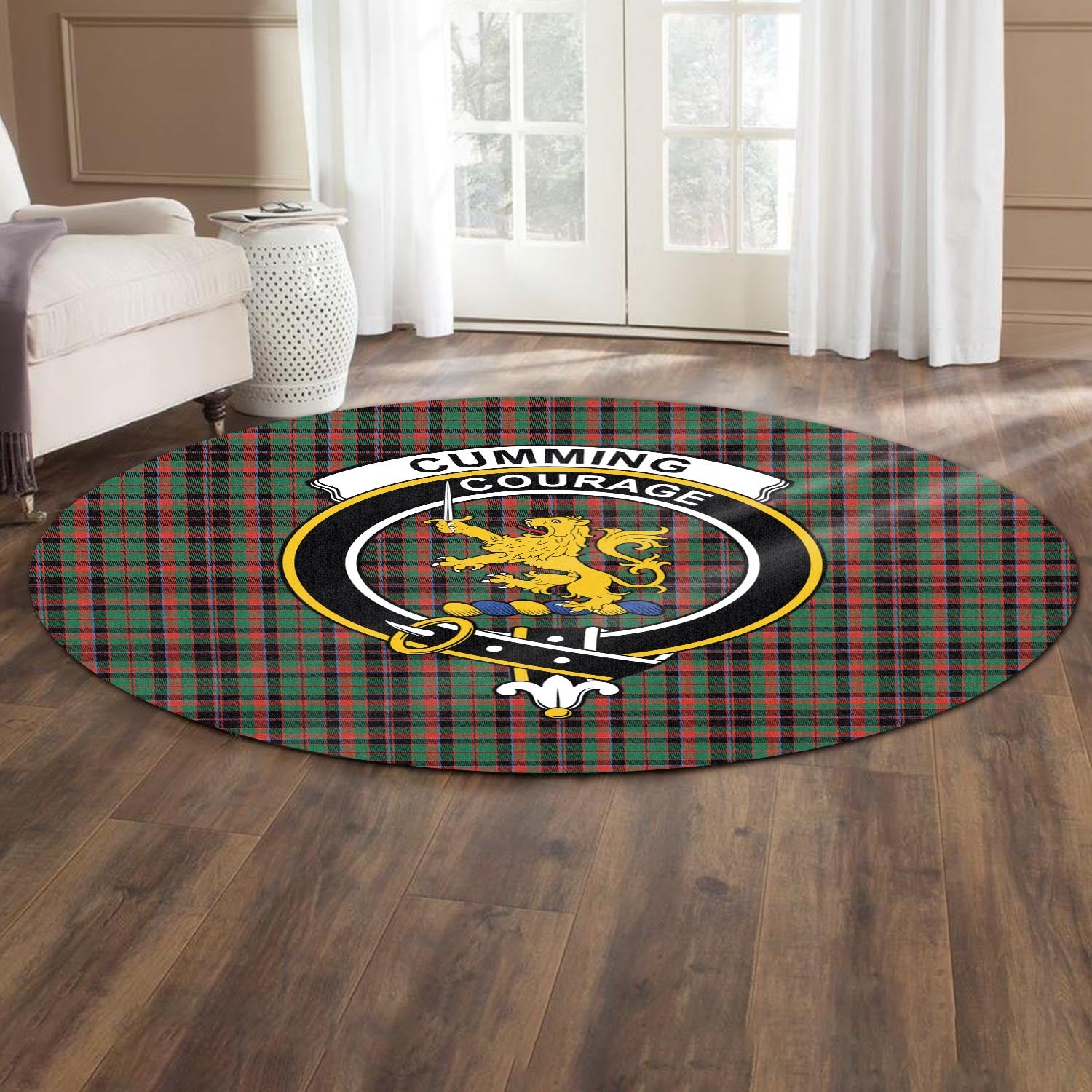 Cumming Hunting Ancient Tartan Round Rug with Family Crest - Tartanvibesclothing