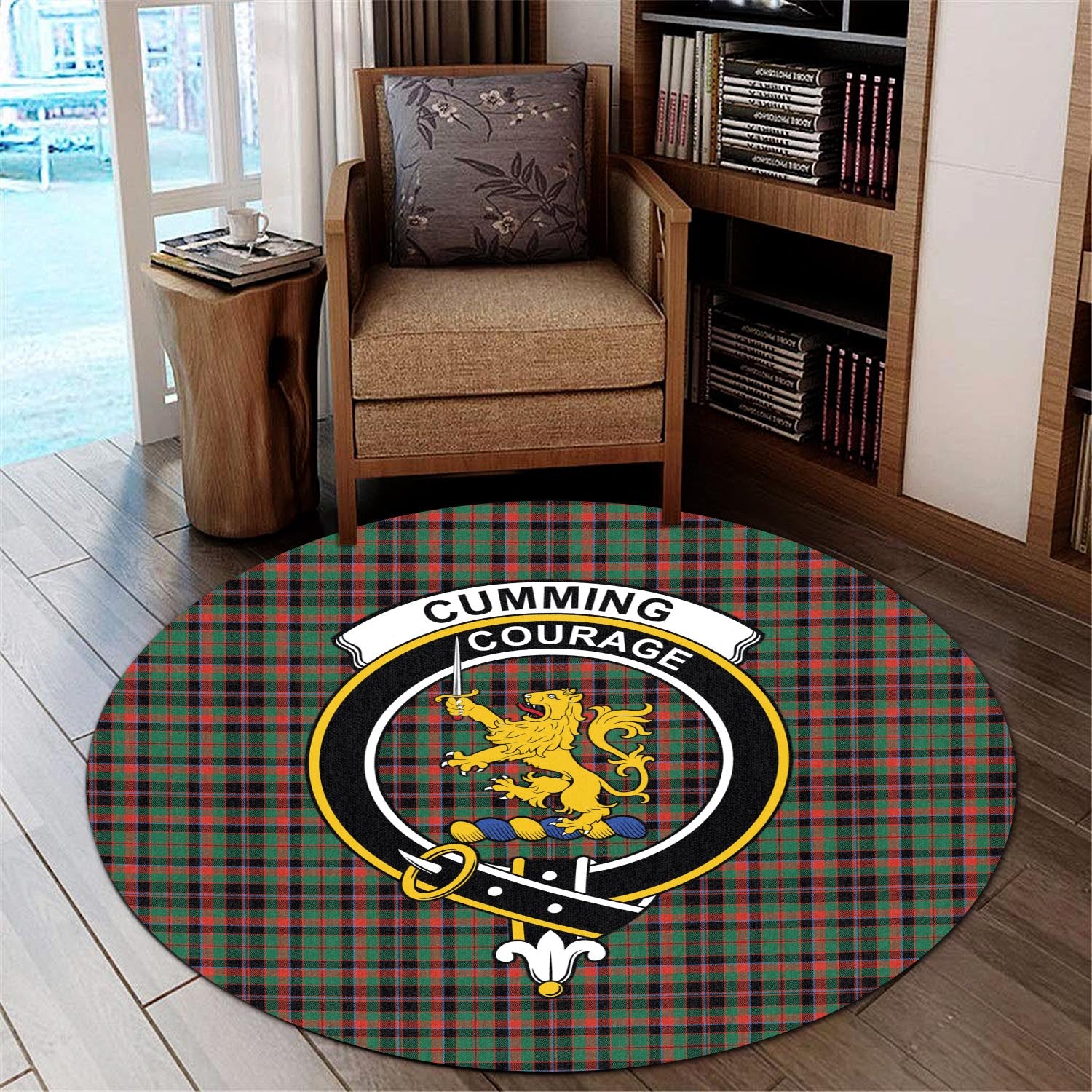 Cumming Hunting Ancient Tartan Round Rug with Family Crest - Tartanvibesclothing