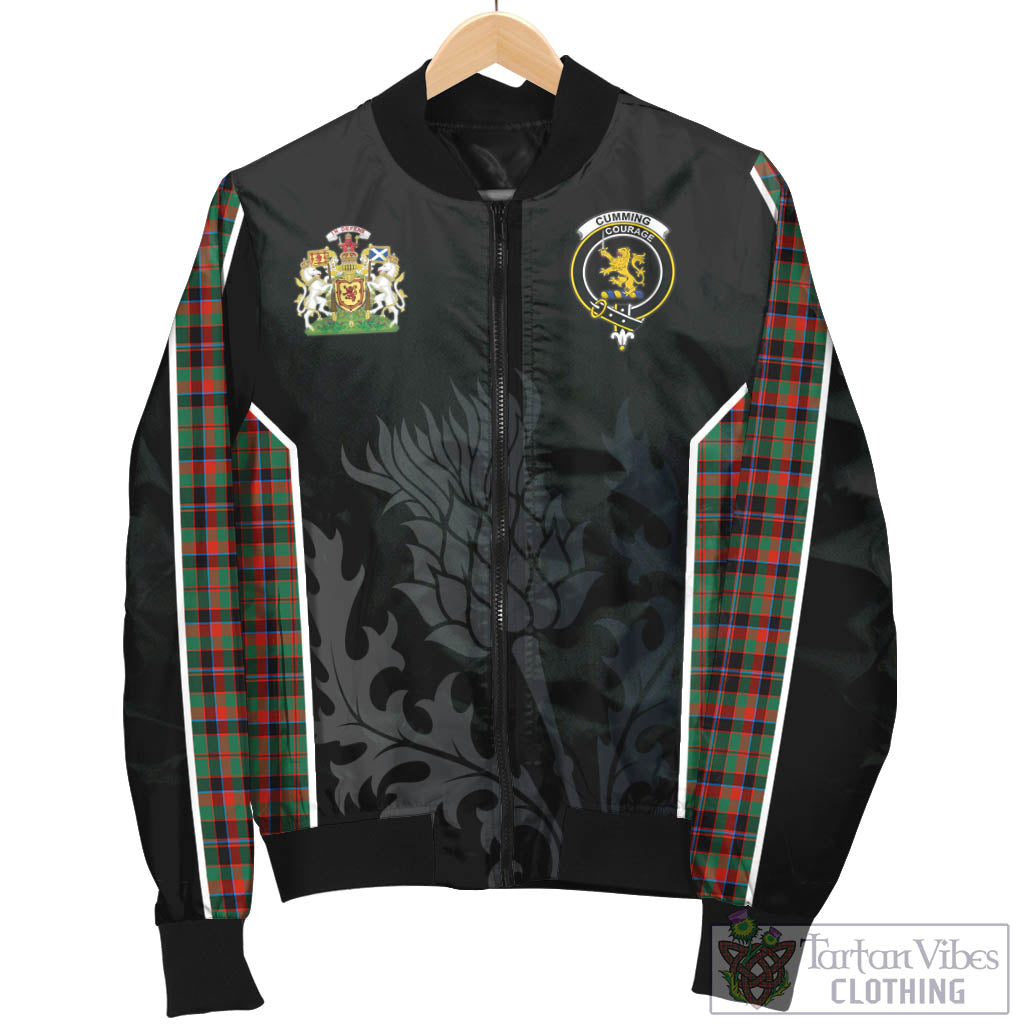 Tartan Vibes Clothing Cumming Hunting Ancient Tartan Bomber Jacket with Family Crest and Scottish Thistle Vibes Sport Style