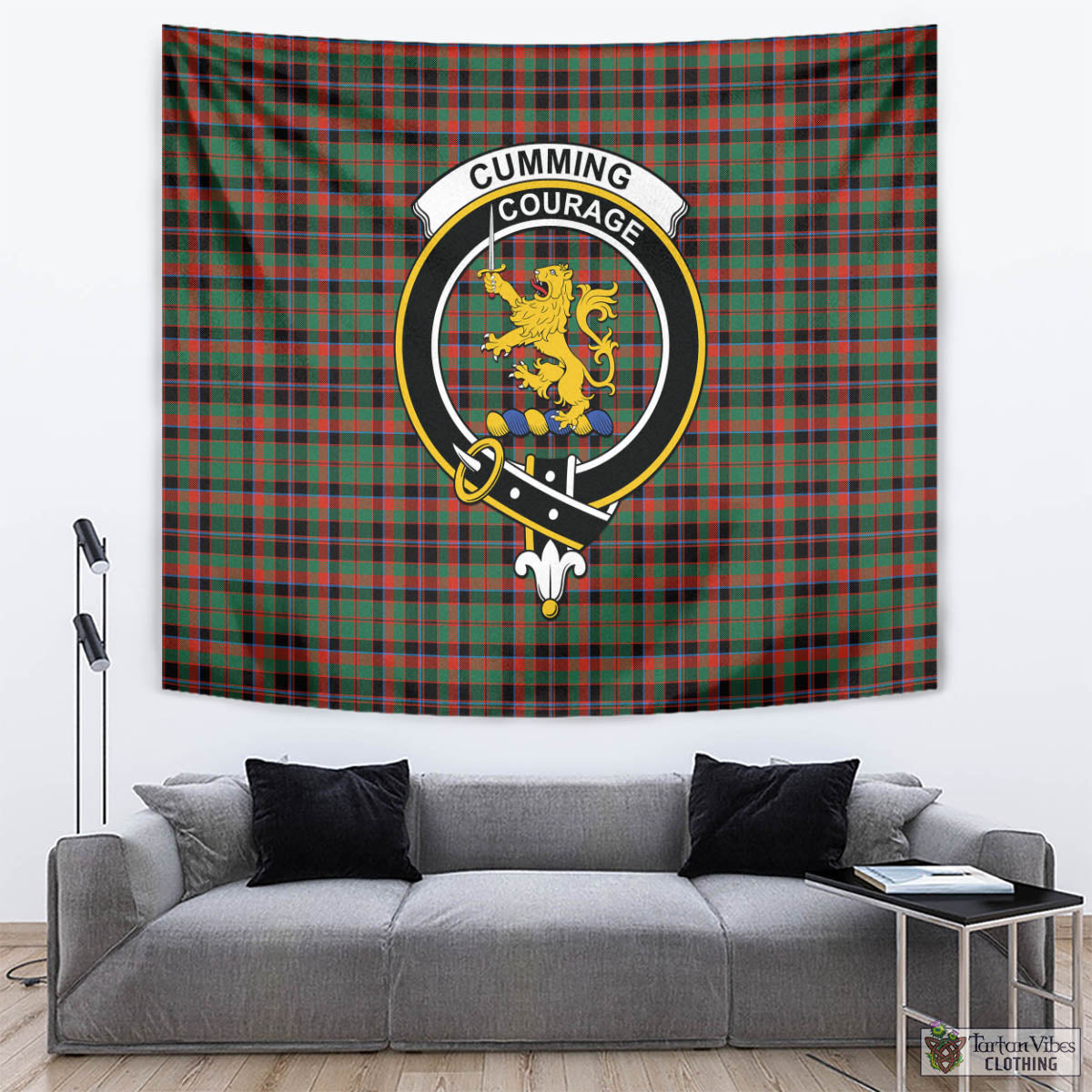 Tartan Vibes Clothing Cumming Hunting Ancient Tartan Tapestry Wall Hanging and Home Decor for Room with Family Crest