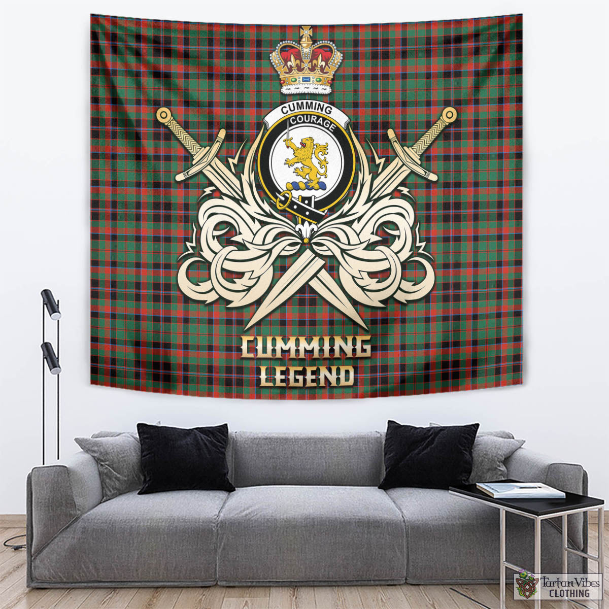 Tartan Vibes Clothing Cumming Hunting Ancient Tartan Tapestry with Clan Crest and the Golden Sword of Courageous Legacy