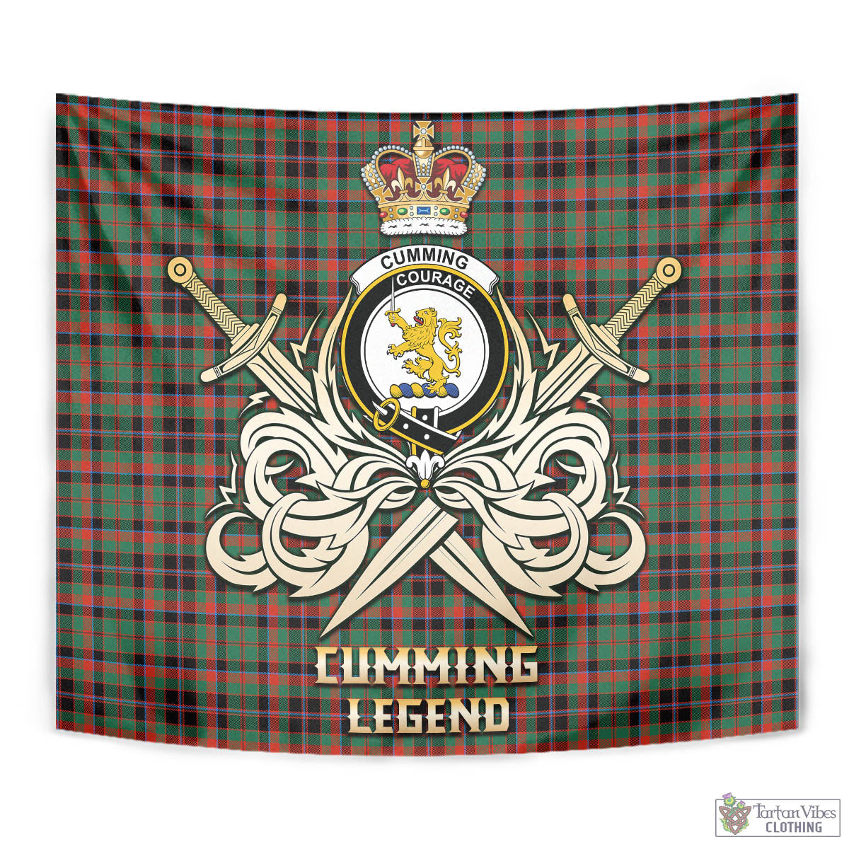 Tartan Vibes Clothing Cumming Hunting Ancient Tartan Tapestry with Clan Crest and the Golden Sword of Courageous Legacy