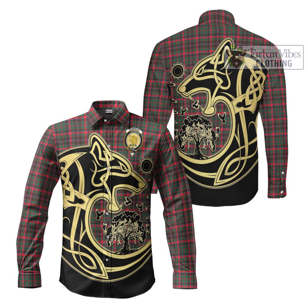 Cumming Hunting Modern Tartan Long Sleeve Button Shirt with Family Crest Celtic Wolf Style Men's Shirt S - Tartan Vibes Clothing