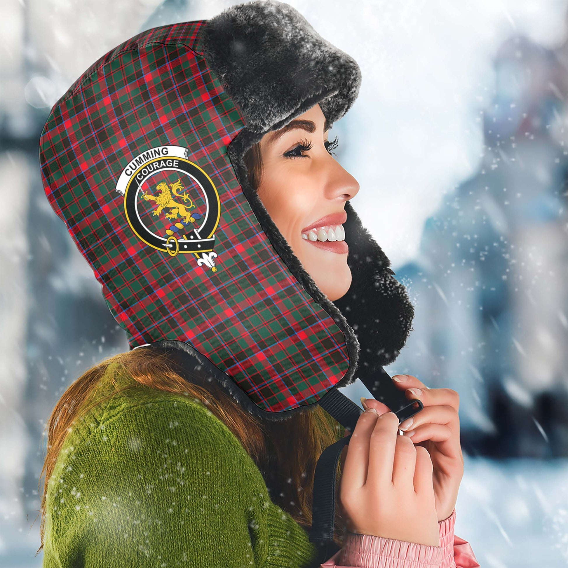 Cumming Hunting Modern Tartan Winter Trapper Hat with Family Crest Winter Trapper Hat Universal Fit Circumference 22.8in (58cm) - Tartanvibesclothing