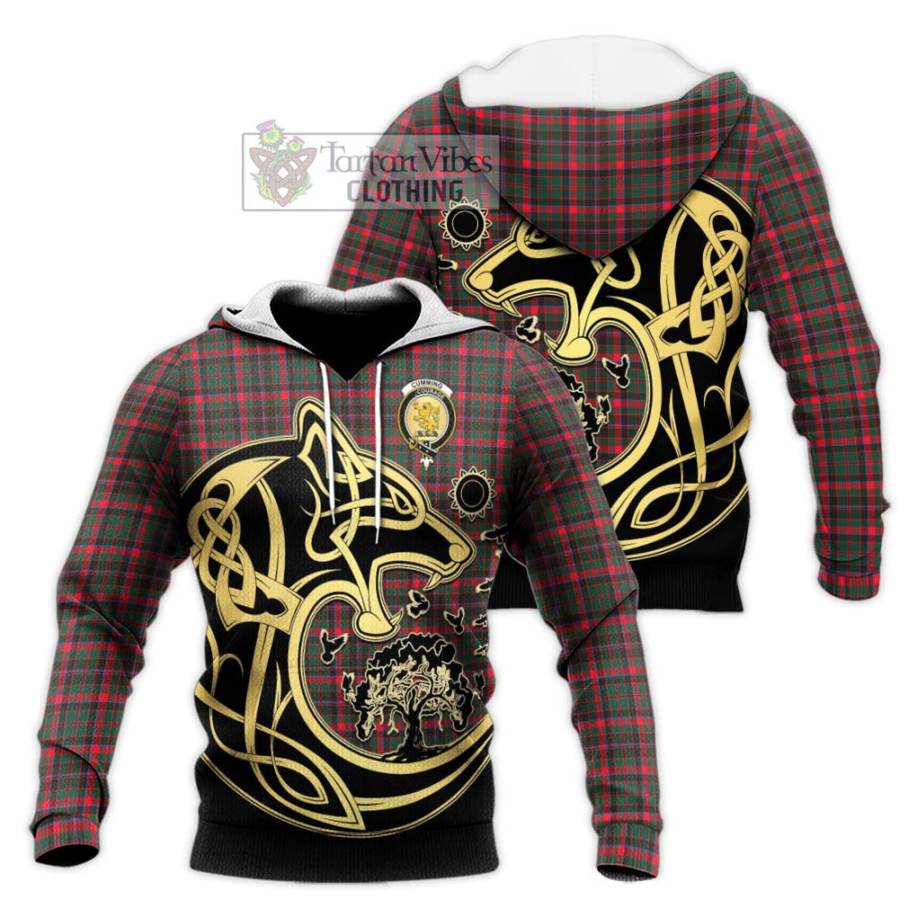 Cumming Hunting Modern Tartan Knitted Hoodie with Family Crest Celtic Wolf Style Unisex Knitted Pullover Hoodie - Tartan Vibes Clothing