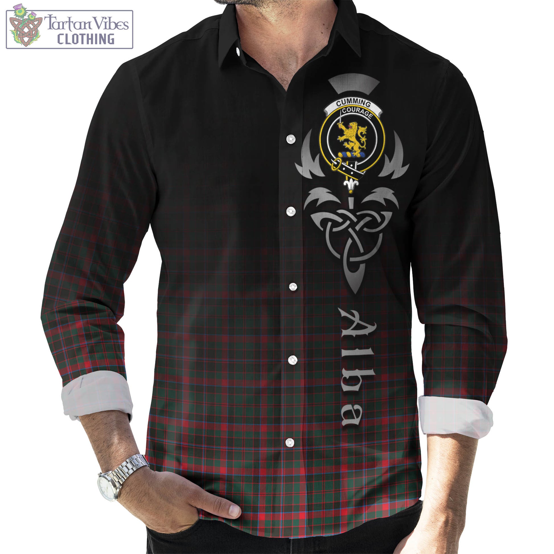 Tartan Vibes Clothing Cumming Hunting Modern Tartan Long Sleeve Button Up Featuring Alba Gu Brath Family Crest Celtic Inspired