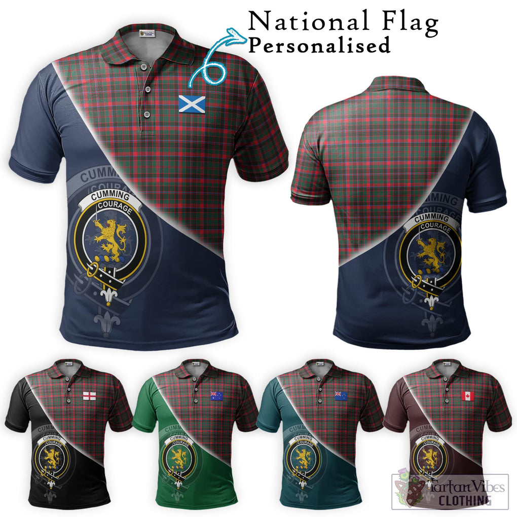 Cumming Hunting Modern Tartan Polo Shirt with Personalised National Flag and Family Crest Half Style Maroon - Tartanvibesclothing Shop