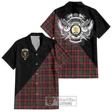 Cumming Hunting Modern Tartan Short Sleeve Button Shirt with Family Crest and Military Logo Style