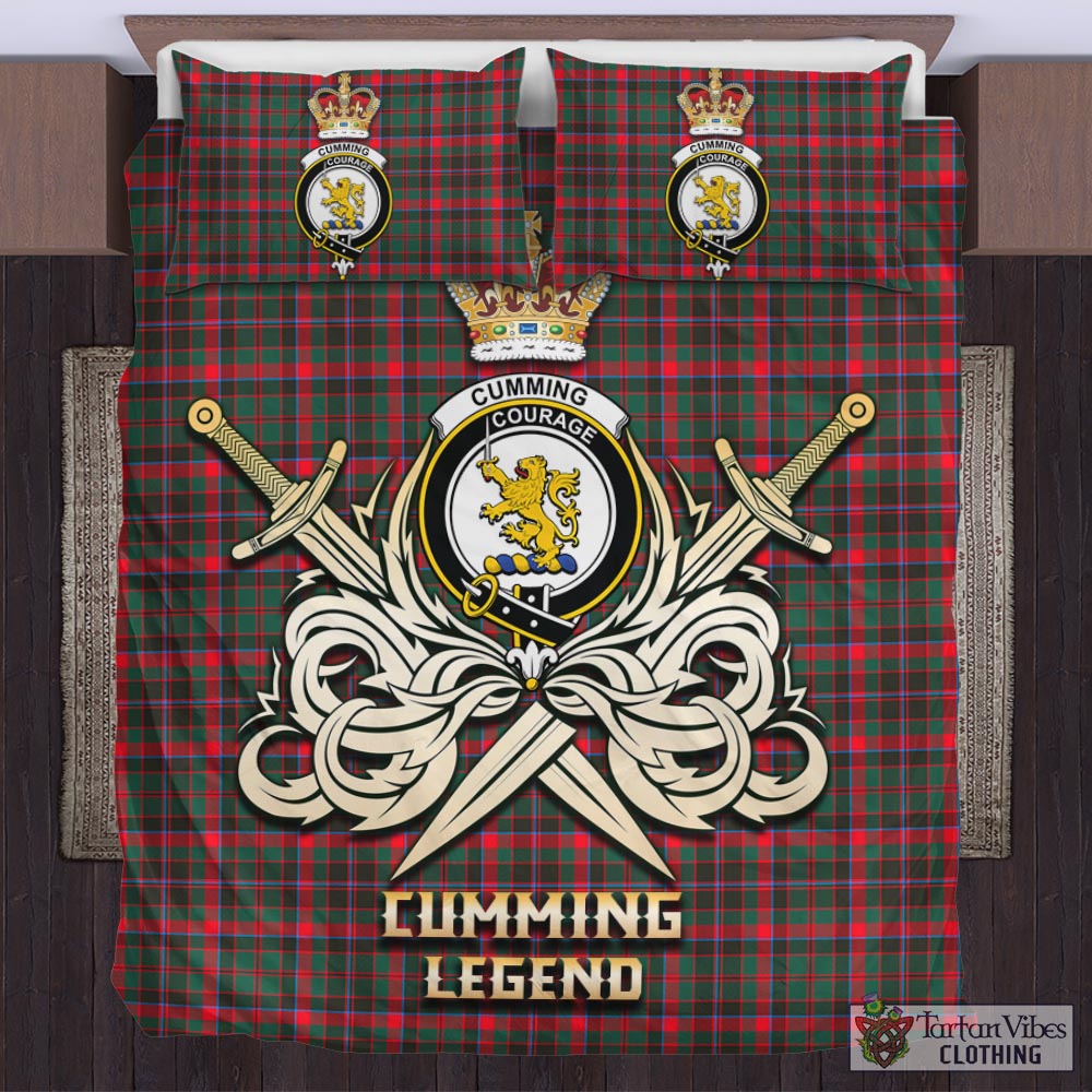 Tartan Vibes Clothing Cumming Hunting Modern Tartan Bedding Set with Clan Crest and the Golden Sword of Courageous Legacy