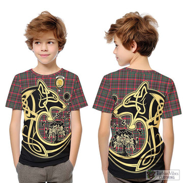 Cumming Hunting Modern Tartan Kid T-Shirt with Family Crest Celtic Wolf Style